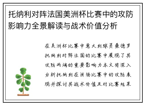 托纳利对阵法国美洲杯比赛中的攻防影响力全景解读与战术价值分析