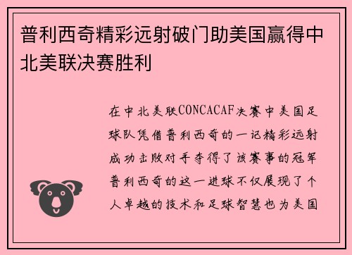 普利西奇精彩远射破门助美国赢得中北美联决赛胜利